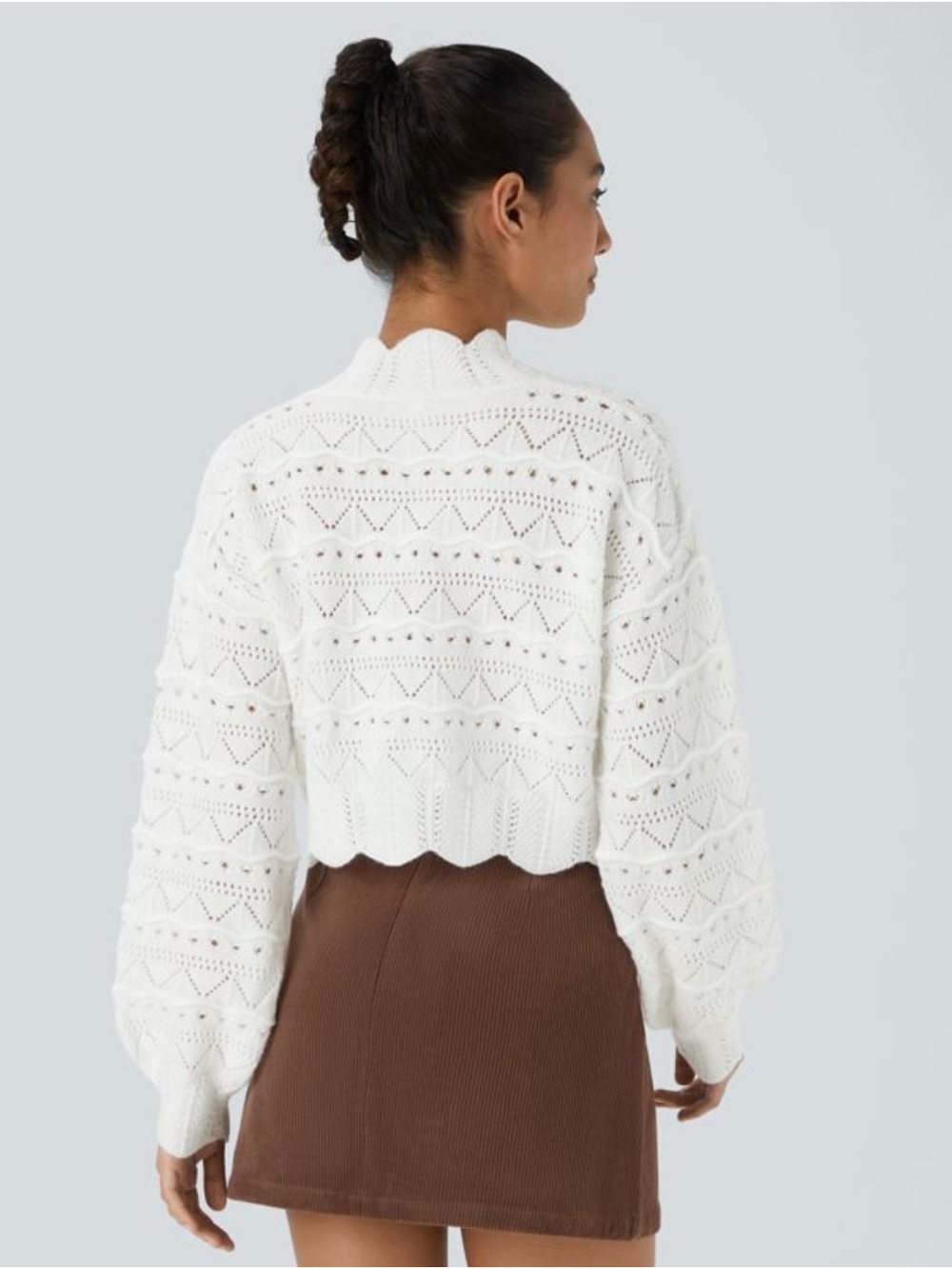 NWT Halara Medium Ivory Pointelle Knit Cropped Mock Neck Sweater Scalloped Hem - Picture 2 of 12